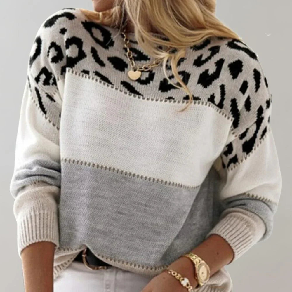 Women's Colorblock Leopard Print Knit Sweater