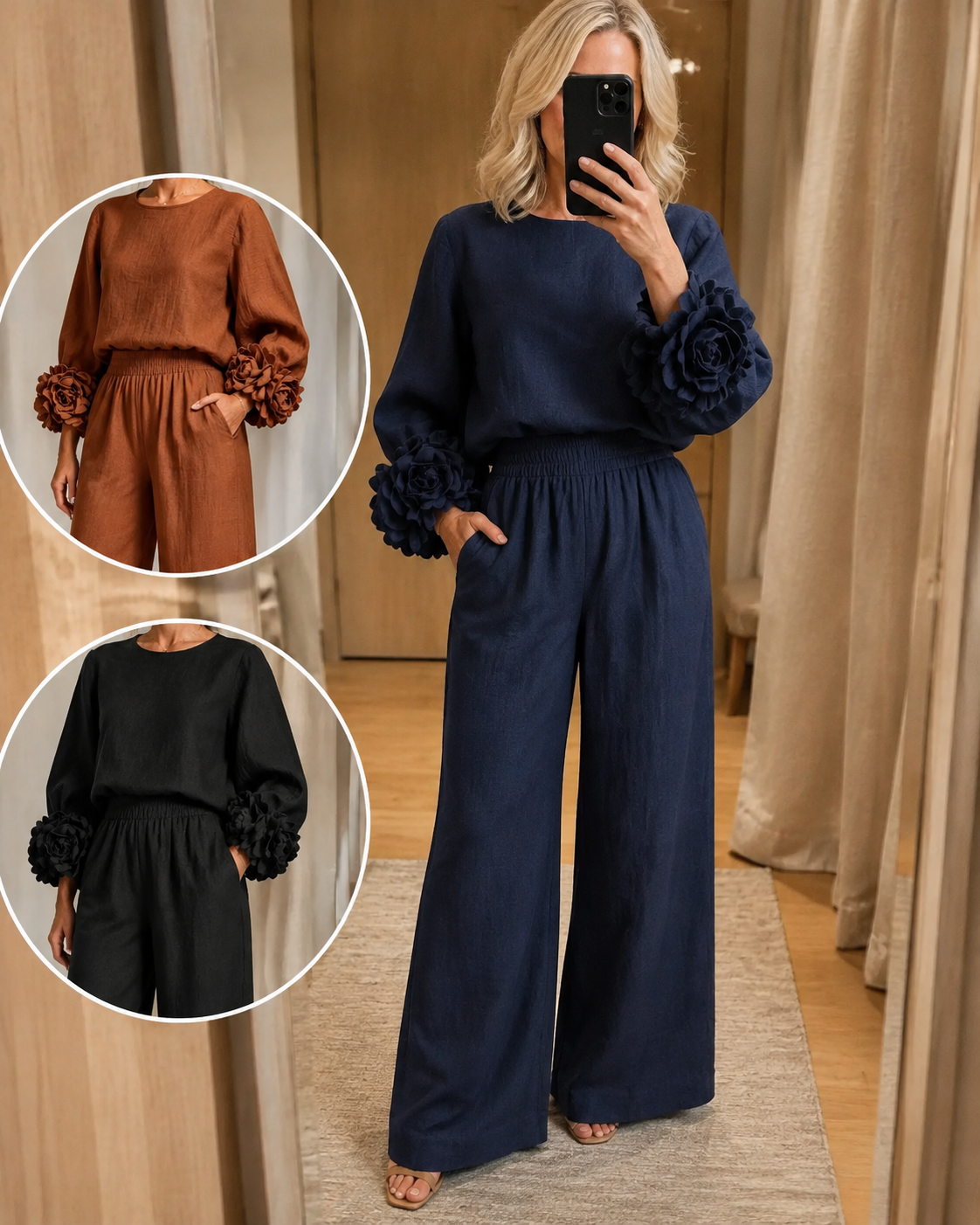 Women’s Flower Cuff Blouse and Wide-Leg Trouser Set