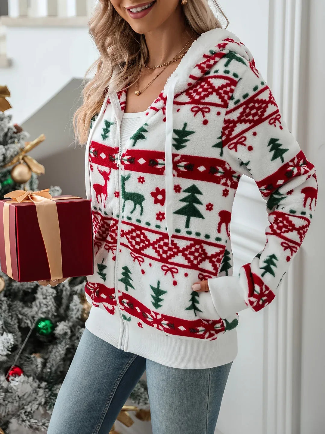 Women’s Christmas Print Plush Fleece Zip-Up Hoodie