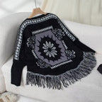 Women’s Boho Jacquard Knit Poncho Sweater with Fringe Trim