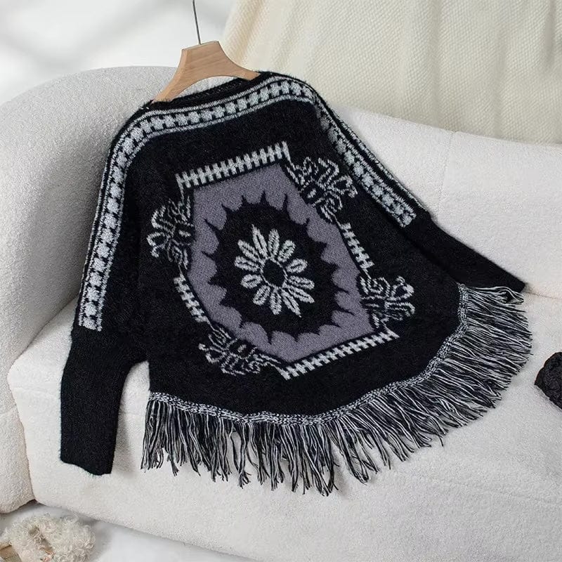 Women’s Boho Jacquard Knit Poncho Sweater with Fringe Trim