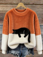 Women’s Colour Block Fluffy Knit Sweater with Lounging Cat Design