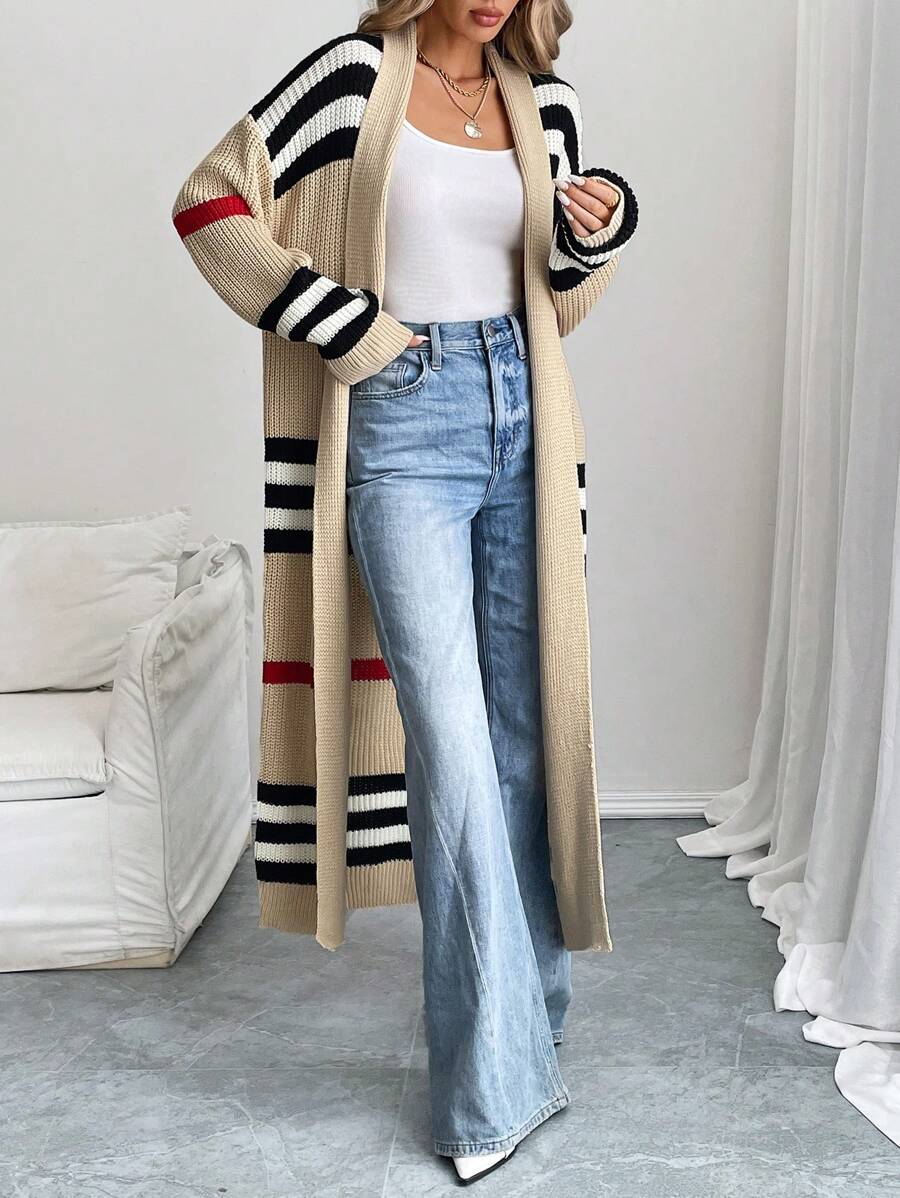 Women's Striped Longline Open-Front Maxi Cardigan