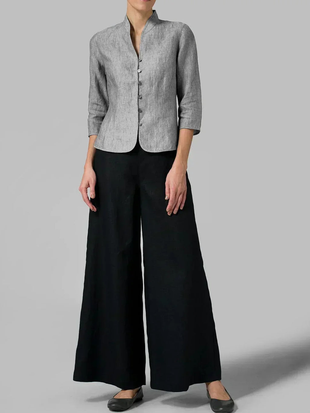Women's Stand Collar V-Neck Button-Front Blouse