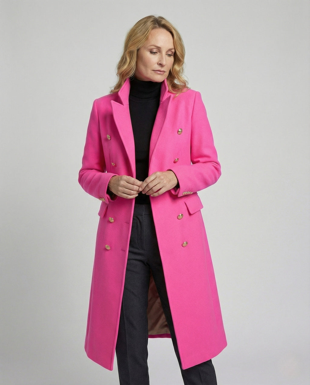 Women’s Military-Style Double-Breasted Maxi Coat with Peak Lapels