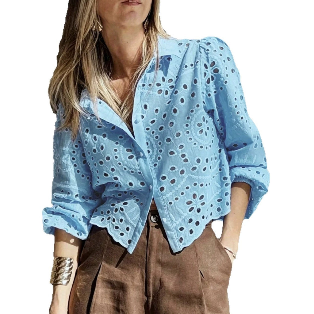 Women's Eyelet Embroidered Balloon Sleeve Button-Up Blouse
