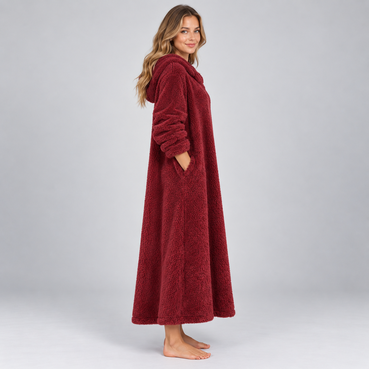 Women's Hooded Teddy Fleece Maxi Lounge Dress with Pockets