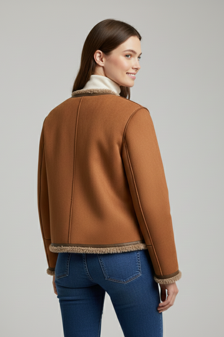 Women's Shearling Trim Collarless Button Jacket