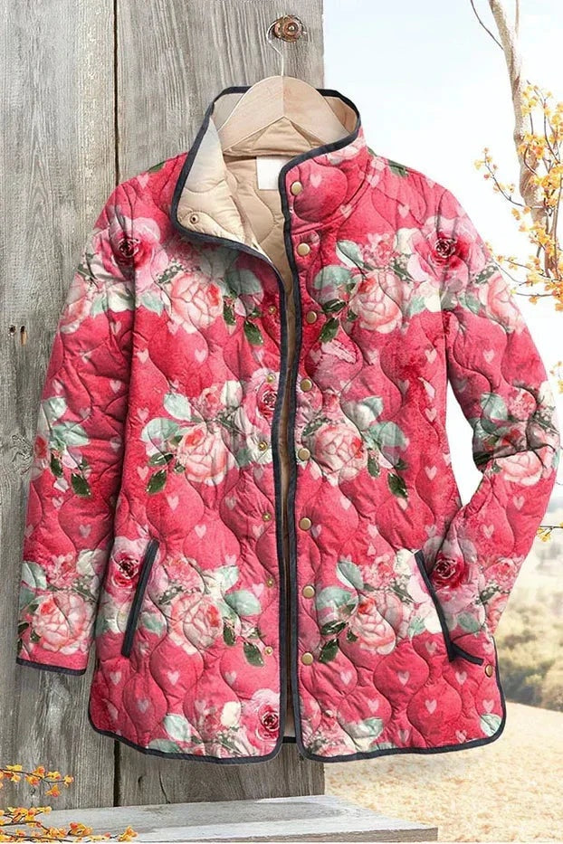 Women's Floral Patchwork Quilted Jacket with Stand Collar