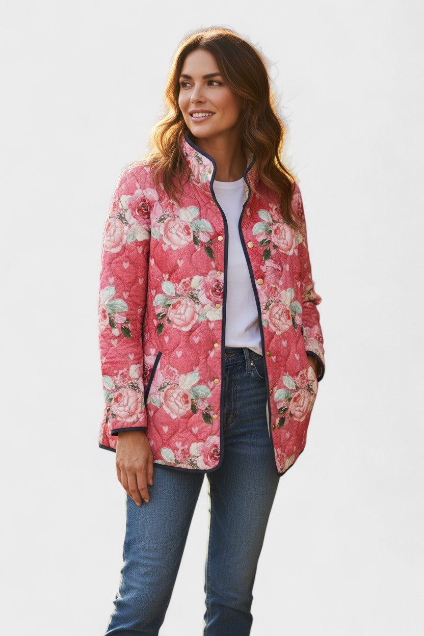Women's Floral Patchwork Quilted Jacket with Stand Collar