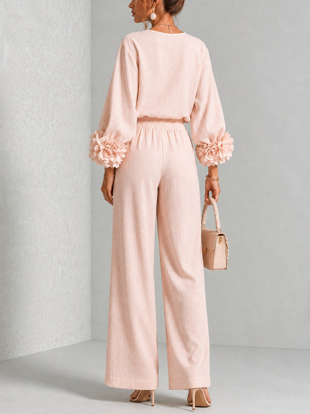 Women’s Flower Cuff Blouse and Wide-Leg Trouser Set