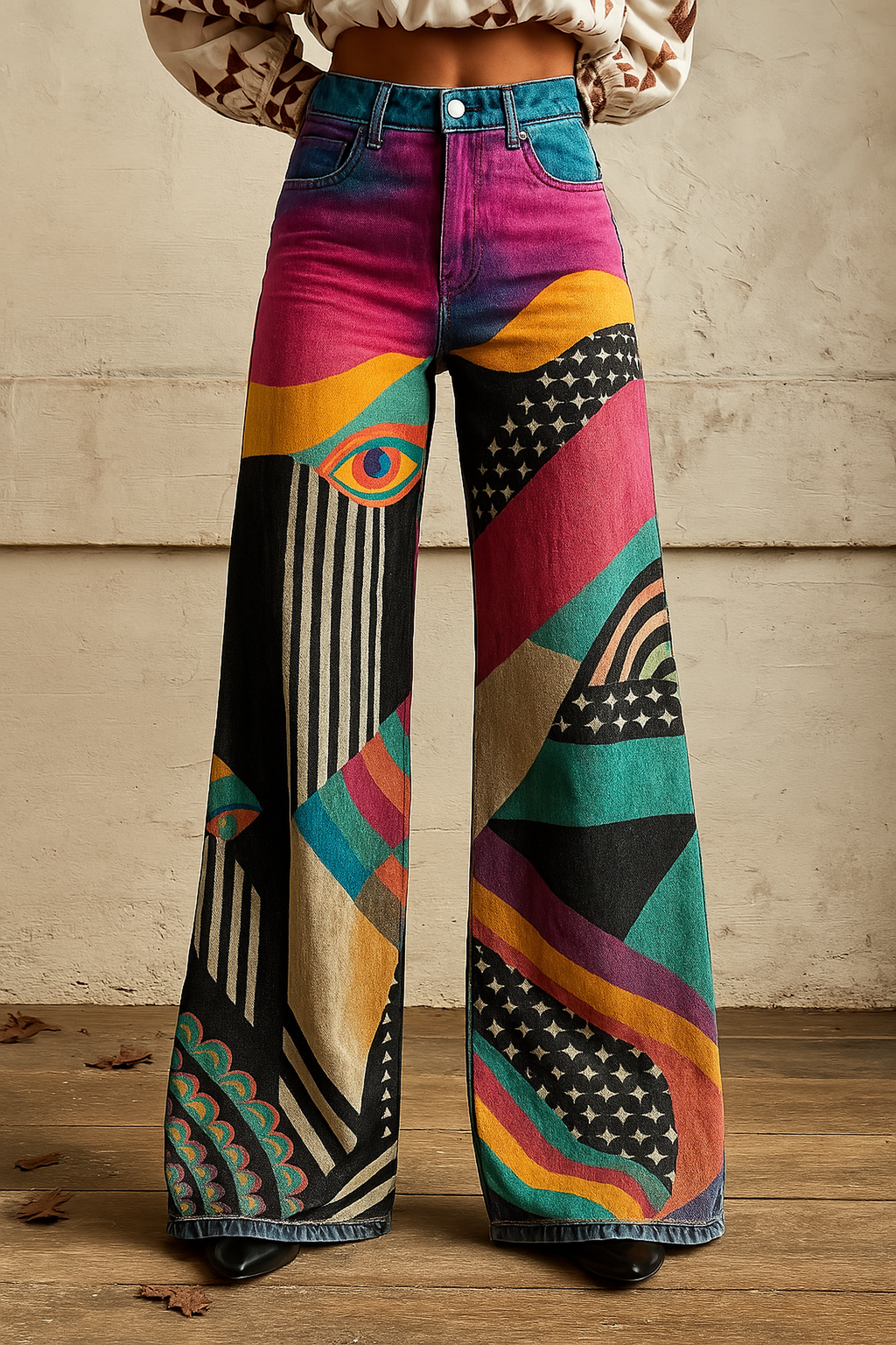 Women's High Waist Wide Leg Printed Denim Jeans