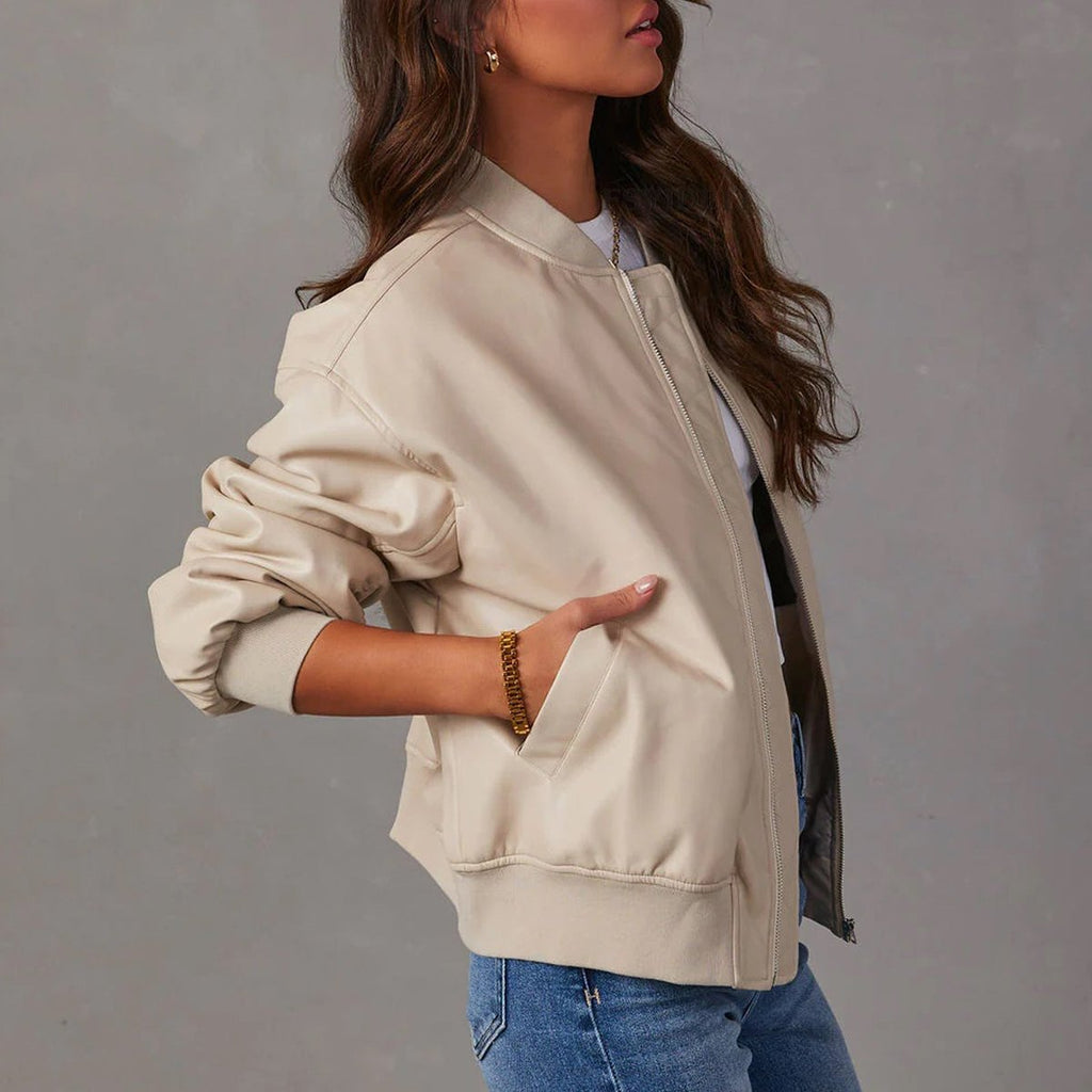 Women's Oversized Zip-Up Faux Leather Bomber Jacket