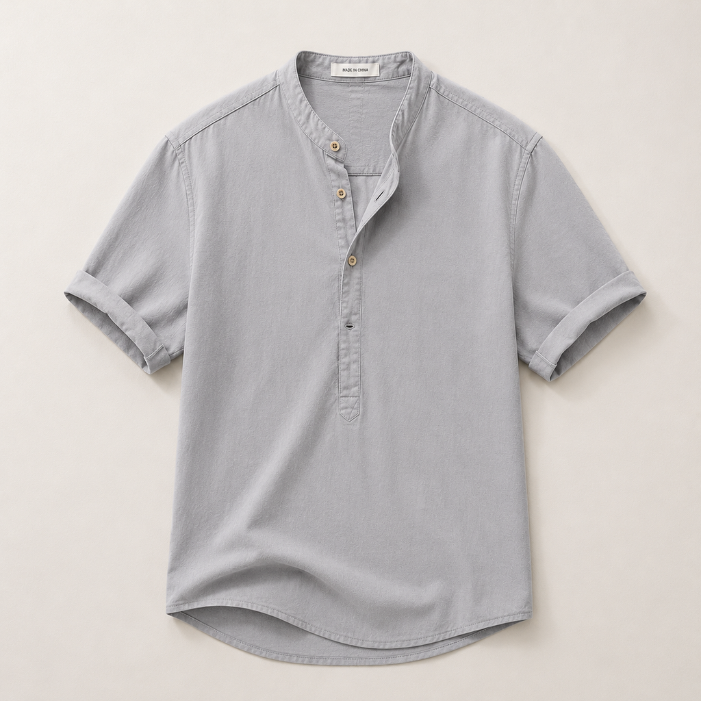 Men's Short Sleeve Band Collar Linen Shirt