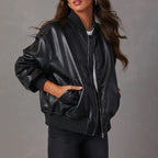 Women's Oversized Zip-Up Faux Leather Bomber Jacket