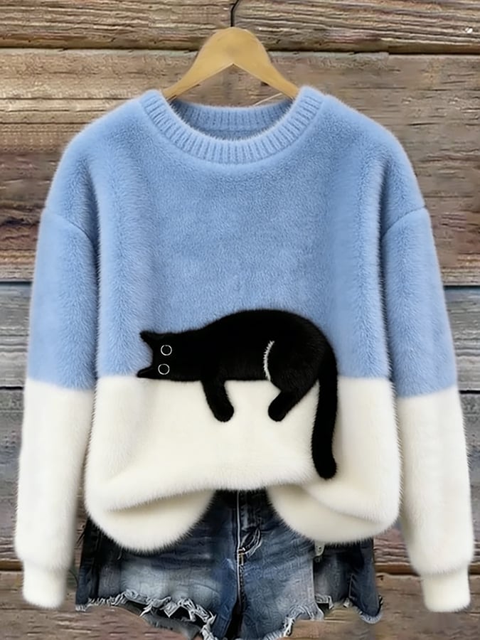Women’s Colour Block Fluffy Knit Sweater with Lounging Cat Design
