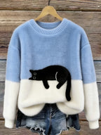 Women’s Colour Block Fluffy Knit Sweater with Lounging Cat Design