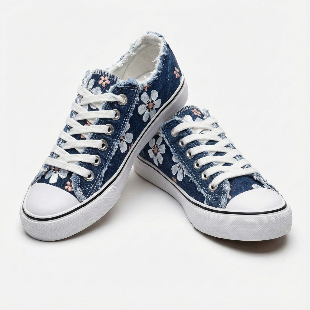 Women's Floral Print Distressed Denim Sneakers