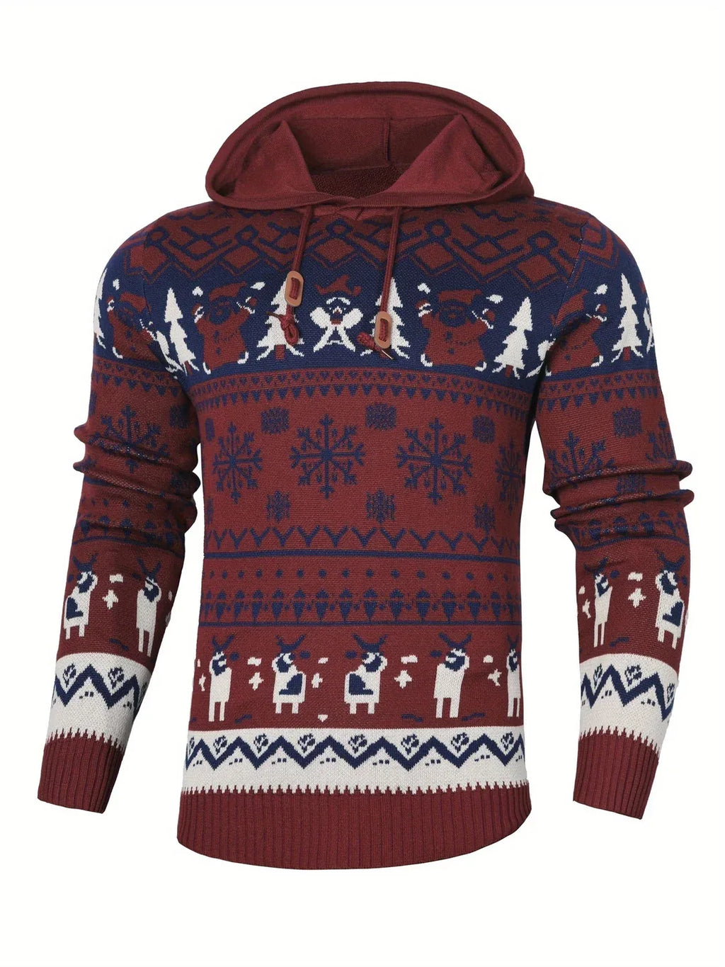 Men’s Reindeer Jacquard Knit Hooded Christmas Sweater