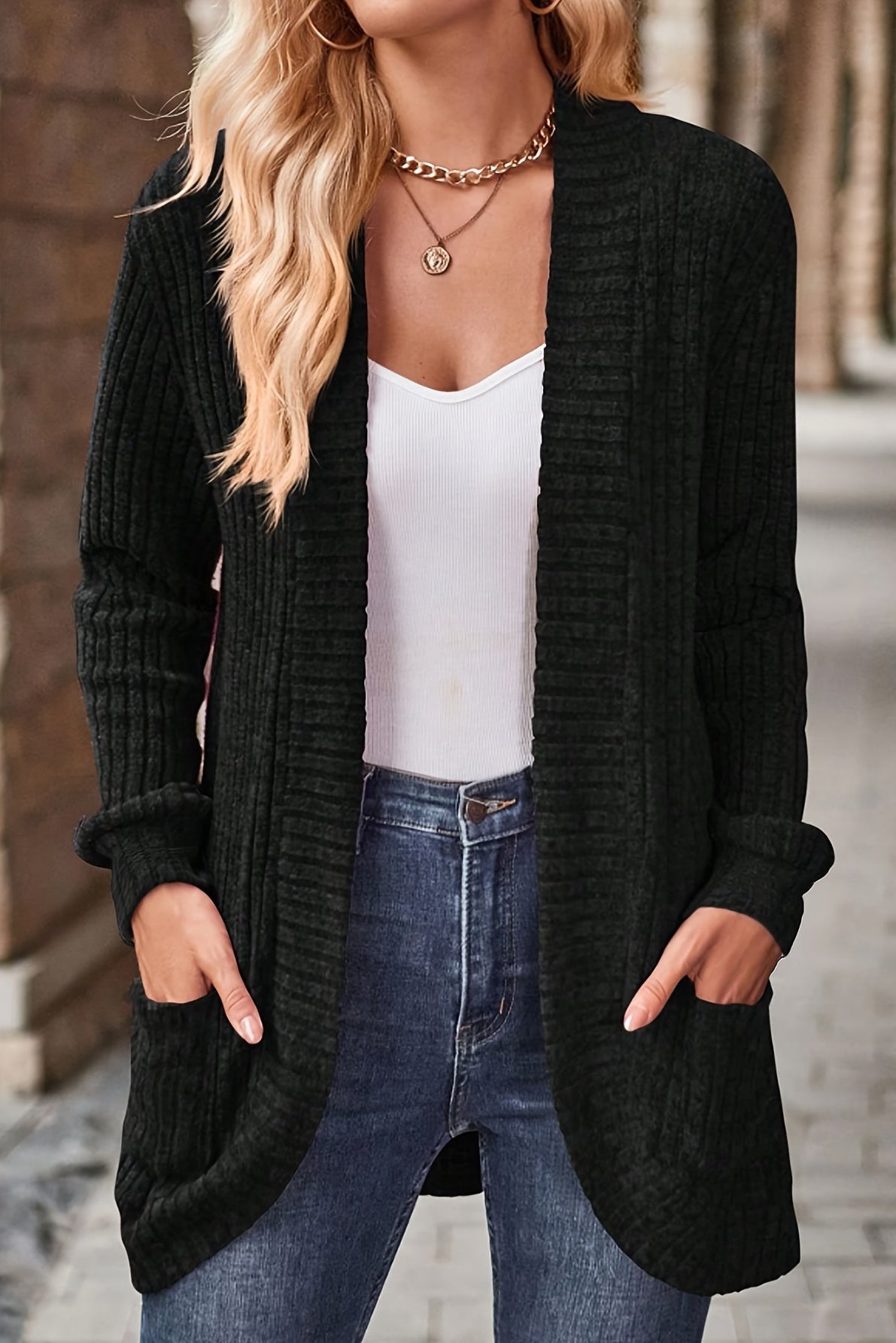 Women’s Ribbed Chenille Knit Open-Front Cardigan