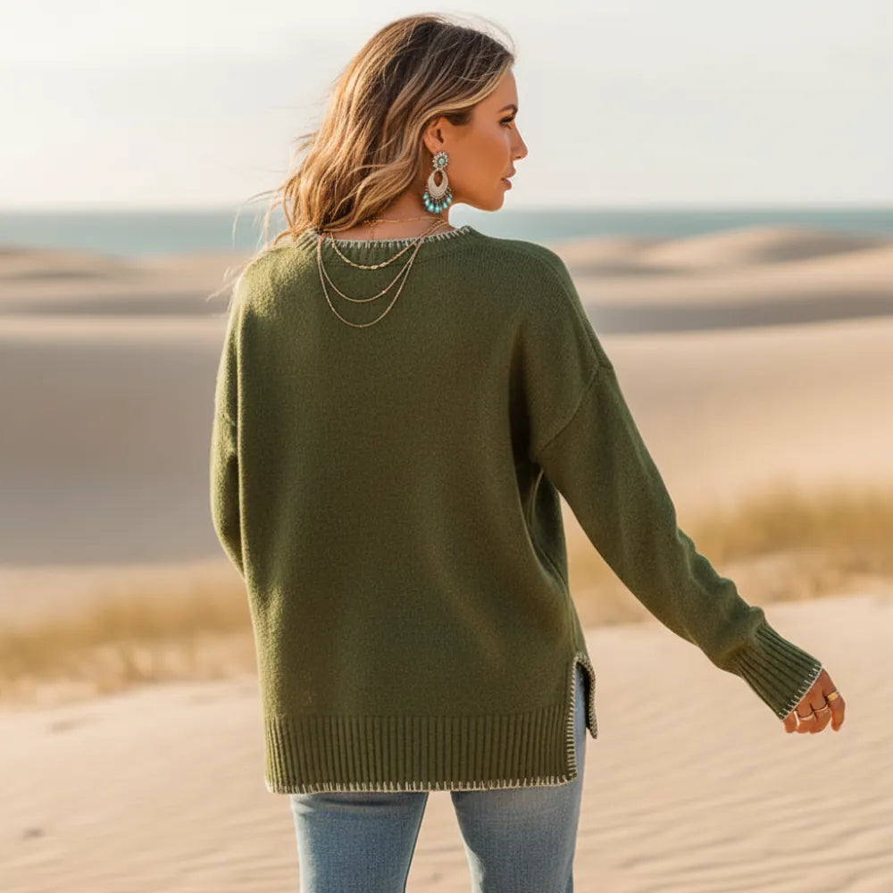 Women’s Oversized Knit Sweater with Contrast Blanket Stitch Trim