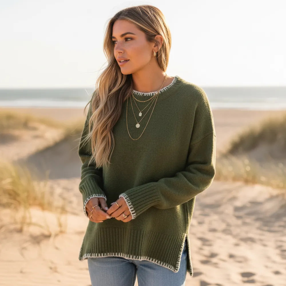 Women’s Oversized Knit Sweater with Contrast Blanket Stitch Trim
