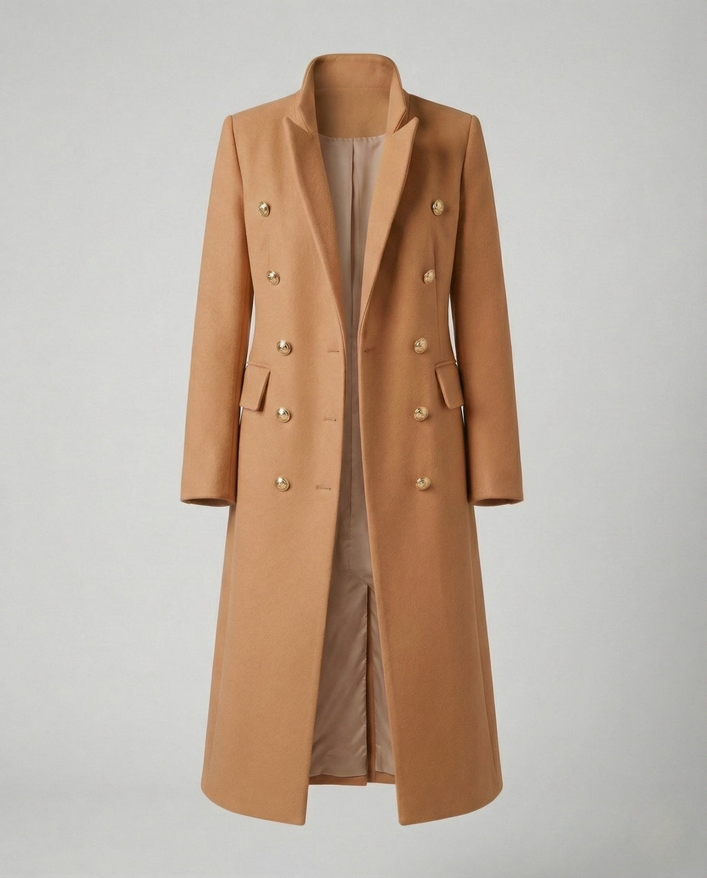 Women’s Military-Style Double-Breasted Maxi Coat with Peak Lapels