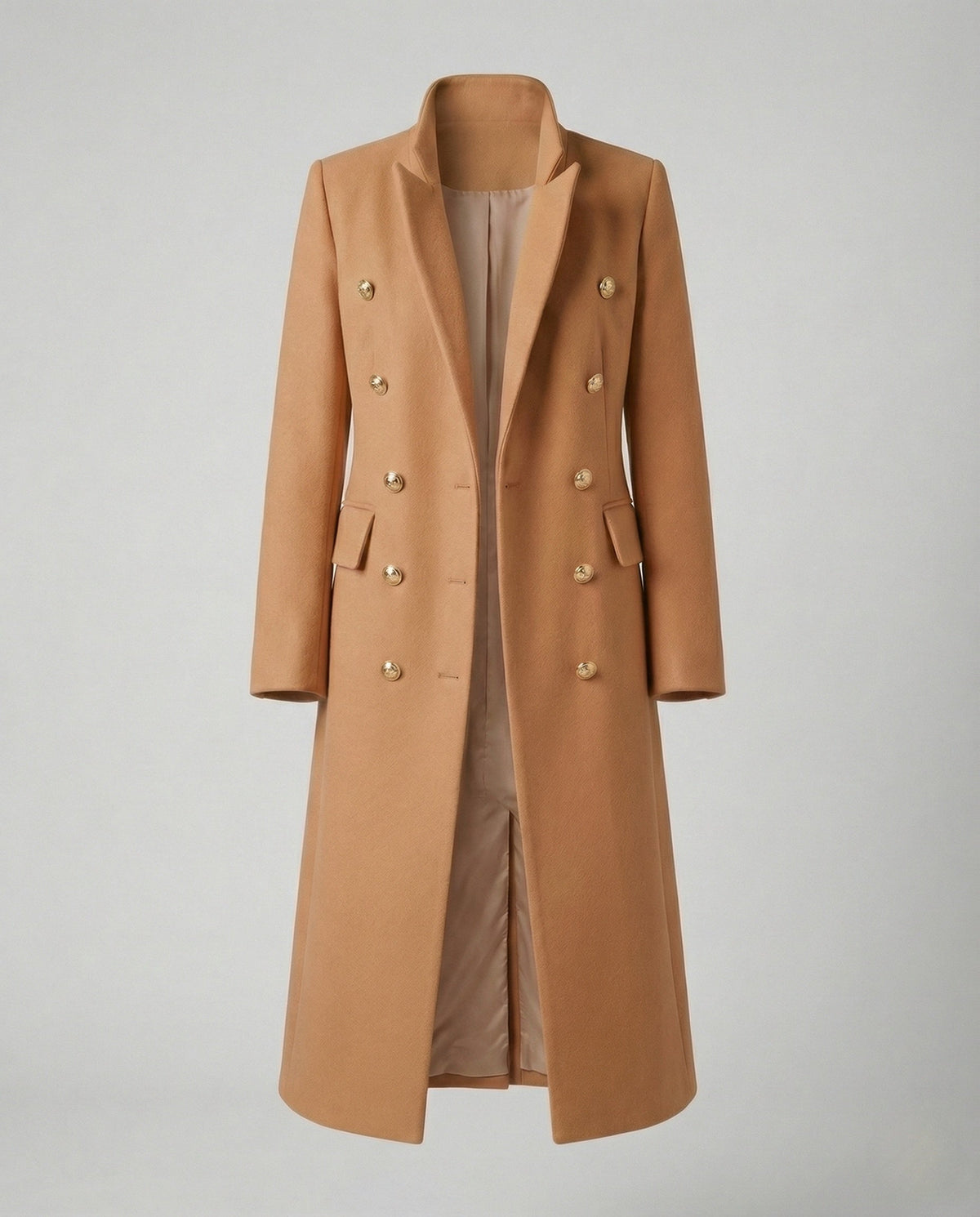 Women’s Military-Style Double-Breasted Maxi Coat with Peak Lapels