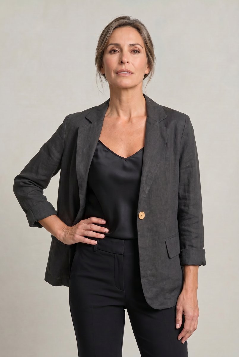 Women's Single Button Notch Collar Linen Blazer