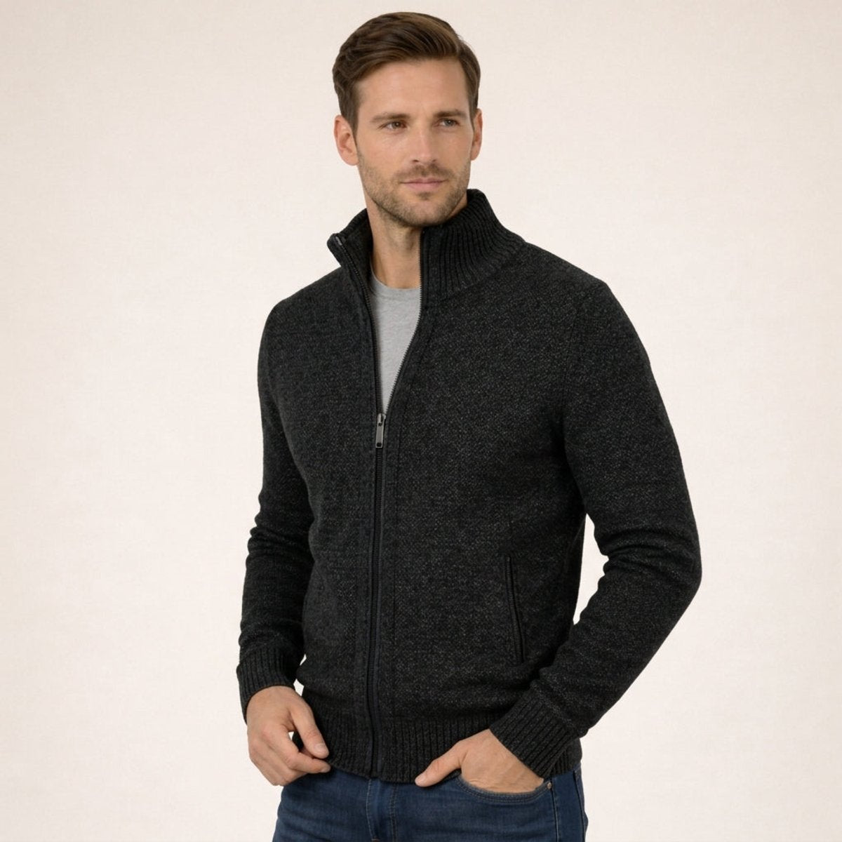 Men's Full-Zip Stand Collar Knit Cardigan Sweater