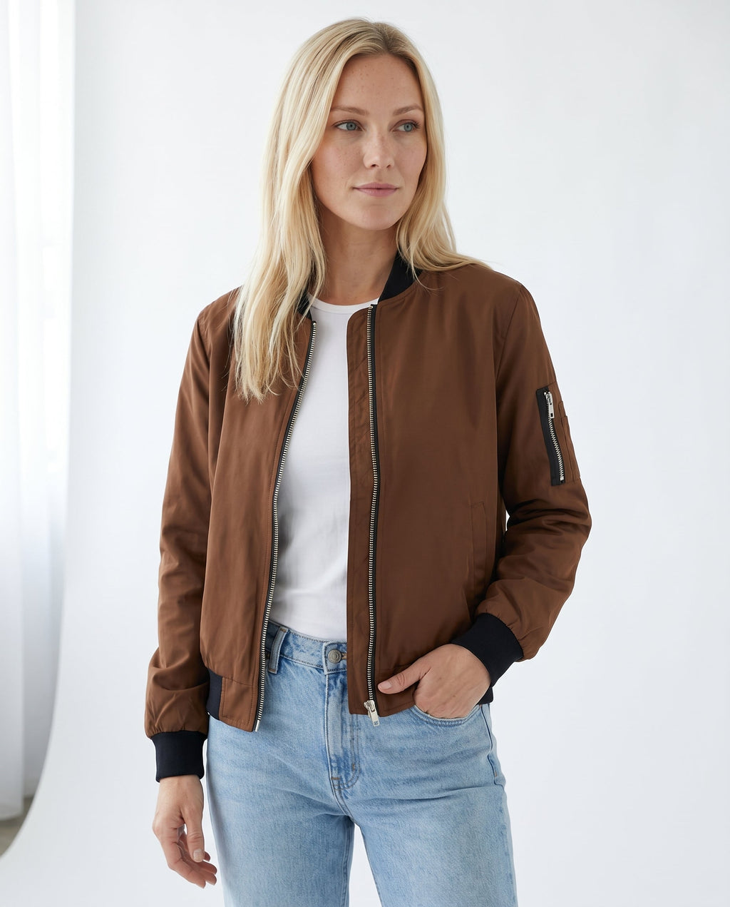 Women's Classic Zip-Up Bomber Jacket with Sleeve Pocket