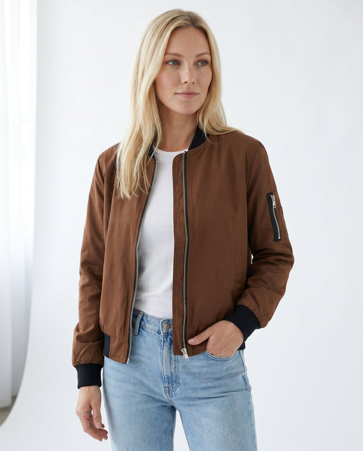 Women's Classic Zip-Up Bomber Jacket with Sleeve Pocket