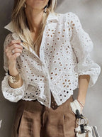 Women's Eyelet Embroidered Balloon Sleeve Button-Up Blouse