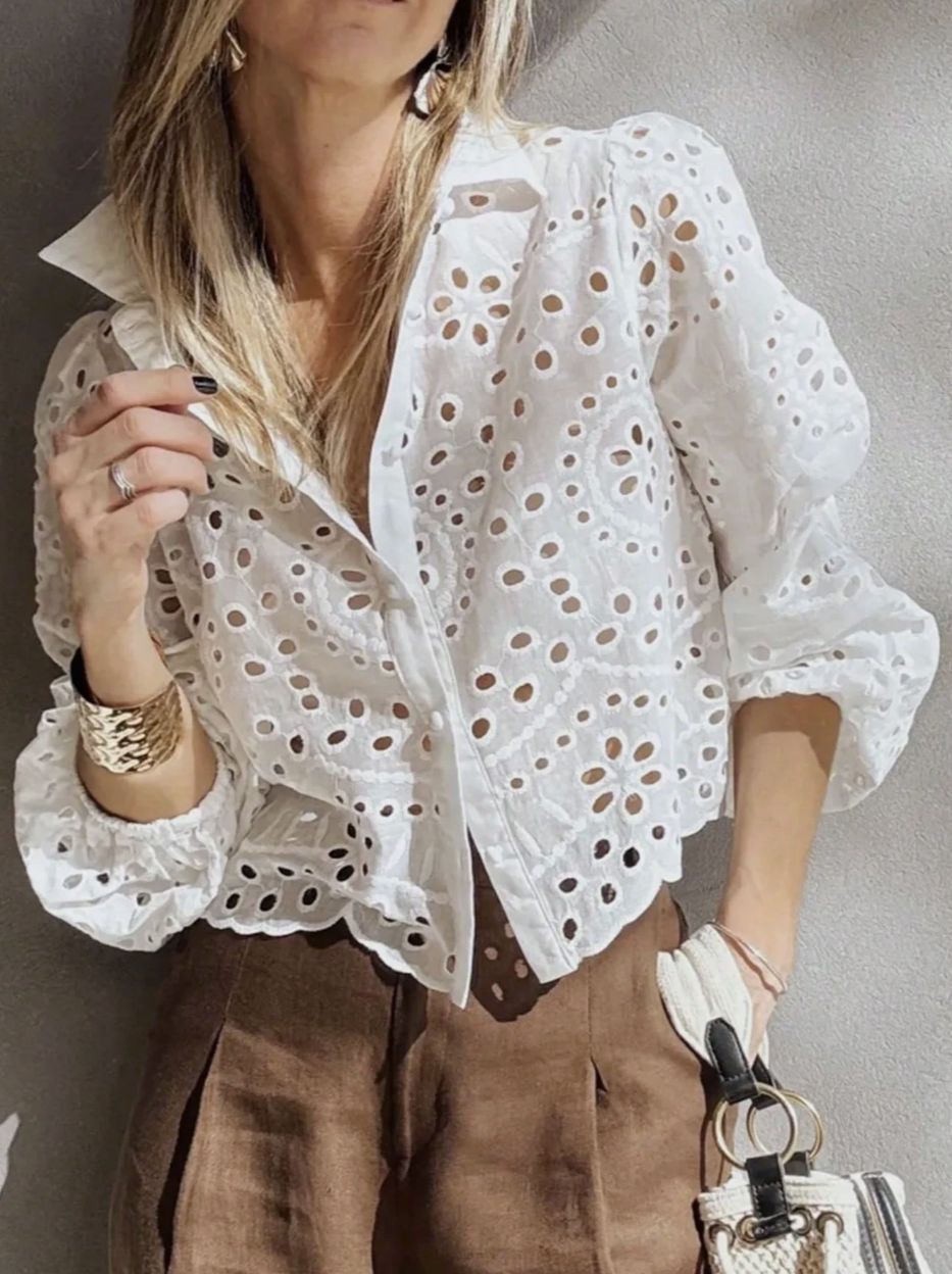 Women's Eyelet Embroidered Balloon Sleeve Button-Up Blouse