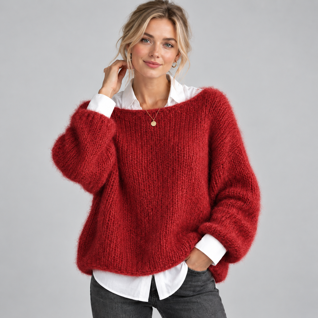 Women's Chunky Fluffy Knit Boat Neck Sweater