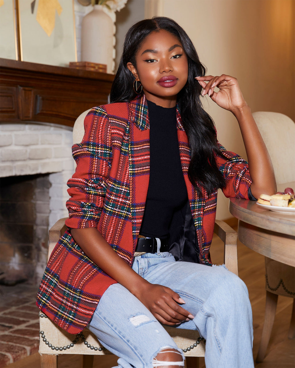Women's Tartan Plaid Single-Button Longline Blazer