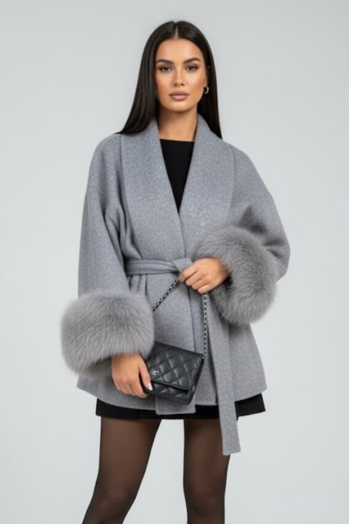 Women's Fur Cuff Belted Wrap Coat