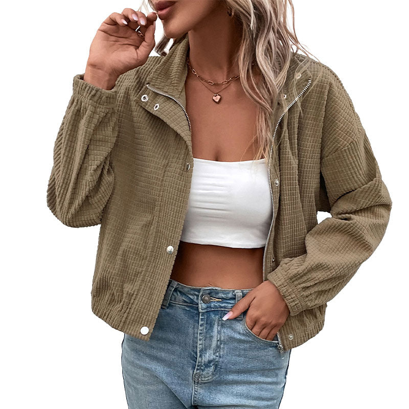 Women's Waffle Knit Snap-Button Stand Collar Jacket
