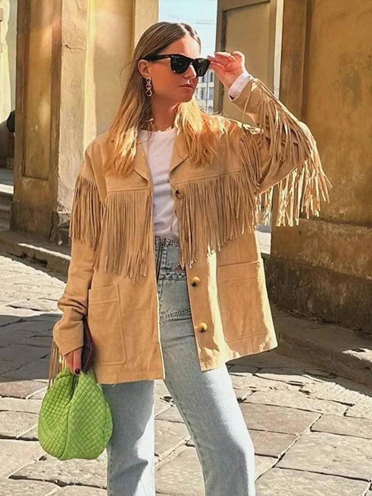 Women's Oversized Faux Suede Fringe Jacket