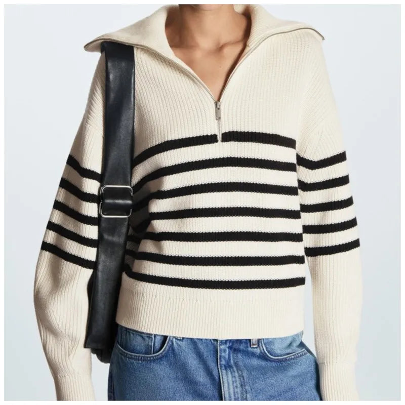 Women's Striped Quarter-Zip Knit Sweater