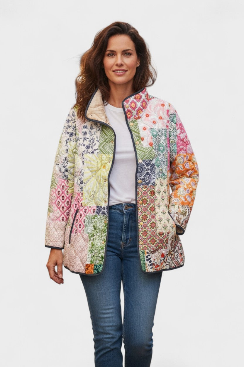 Women's Floral Patchwork Quilted Jacket with Stand Collar