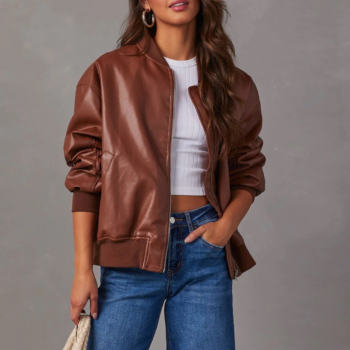 Women's Oversized Zip-Up Faux Leather Bomber Jacket