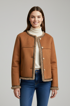 Women's Shearling Trim Collarless Button Jacket