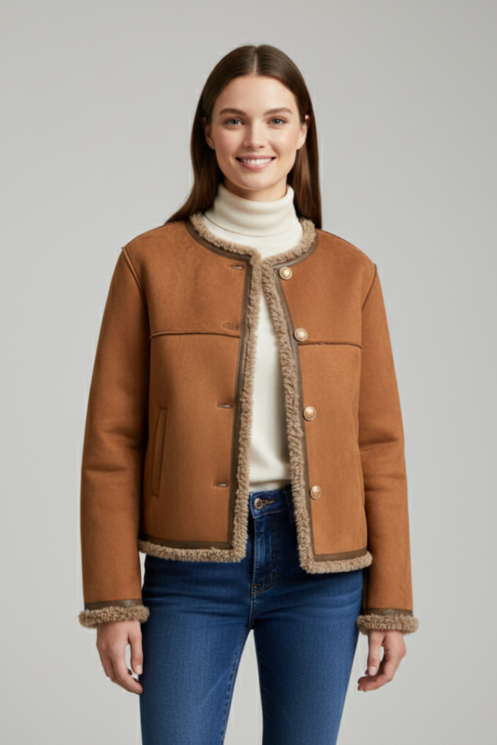 Women's Shearling Trim Collarless Button Jacket