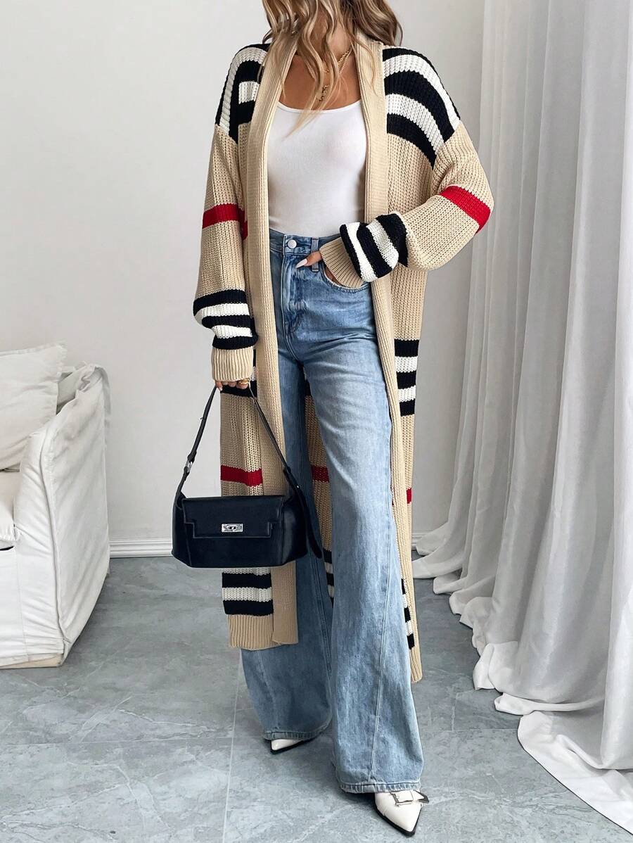 Women's Striped Longline Open-Front Maxi Cardigan