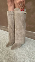 Women's Faux Suede Fold-Over Knee-High Boots with Buckle Strap