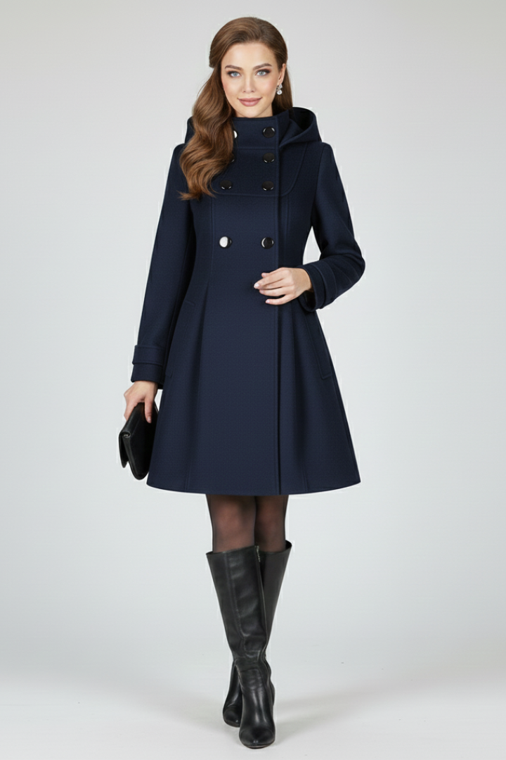 Women's Hooded Double-Breasted Fit and Flare Coat