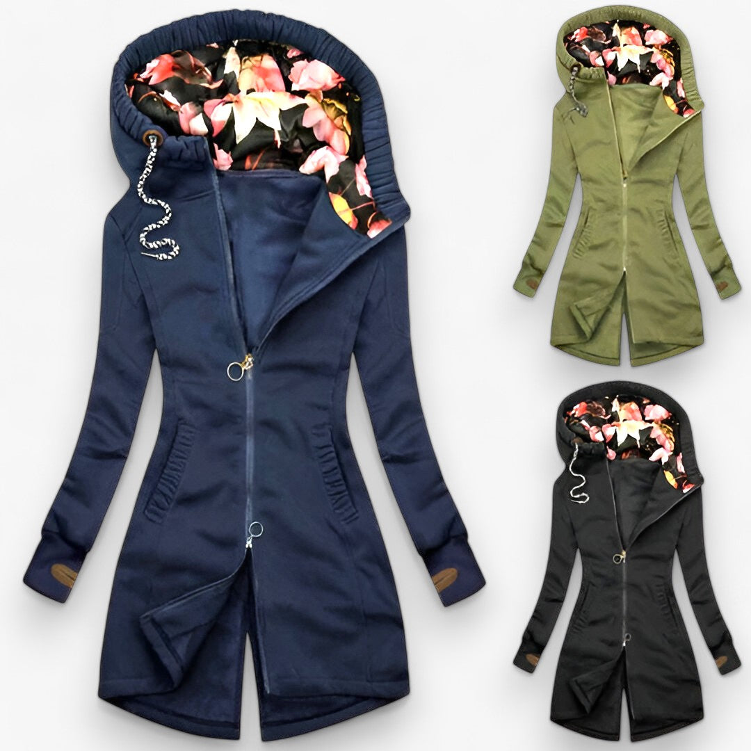 Women's Longline Zip-Up Jacket with Floral Lined Hood