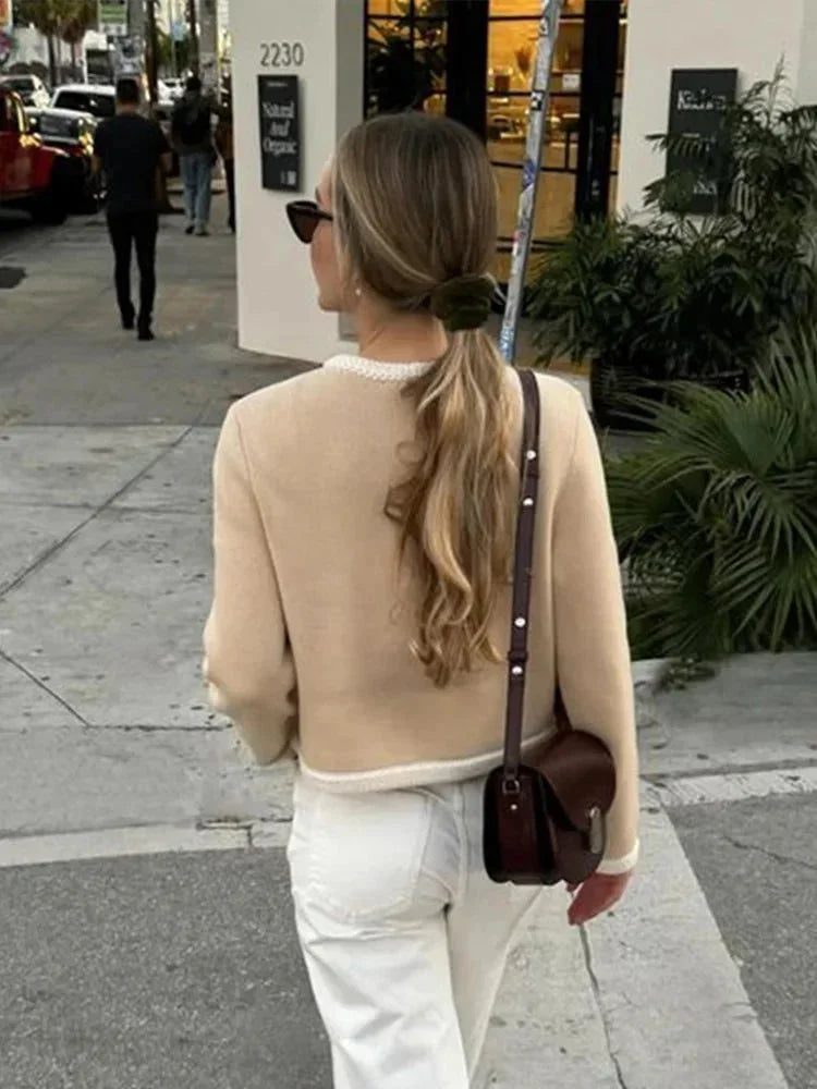 Women's Contrast Trim Button-Front Tweed-Style Jacket