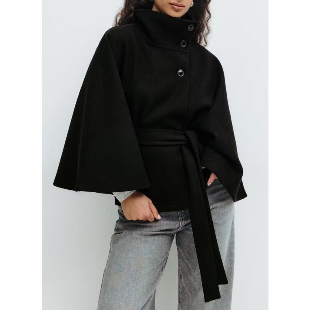 Women's Belted Cape Coat with High Button Collar